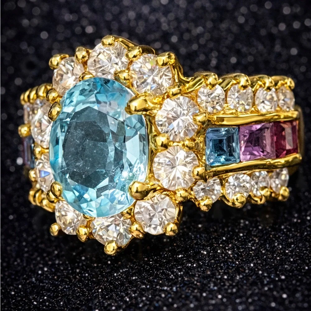 Suzanne Somers vintage blue topaz amethyst garnet gemstone CZ cocktail band ring